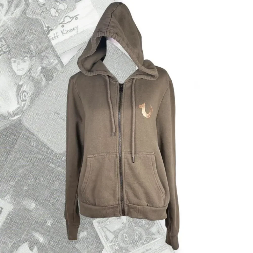 Y2k Brown Babydoll True Religion Zip Up Gemstone Graphic Hoodie